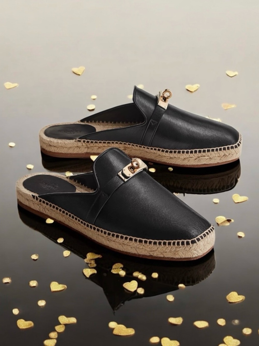 🆕💞HERMES Féria Espadrille BLACK / NOIR Kelly Turn-Lock Buckle • 36 EU